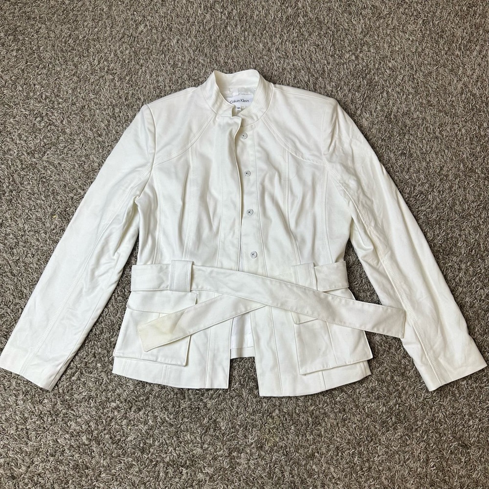 Calvin Klein White/Off-White Jacket Blazer Snap Button Tie Waist 4 Petite